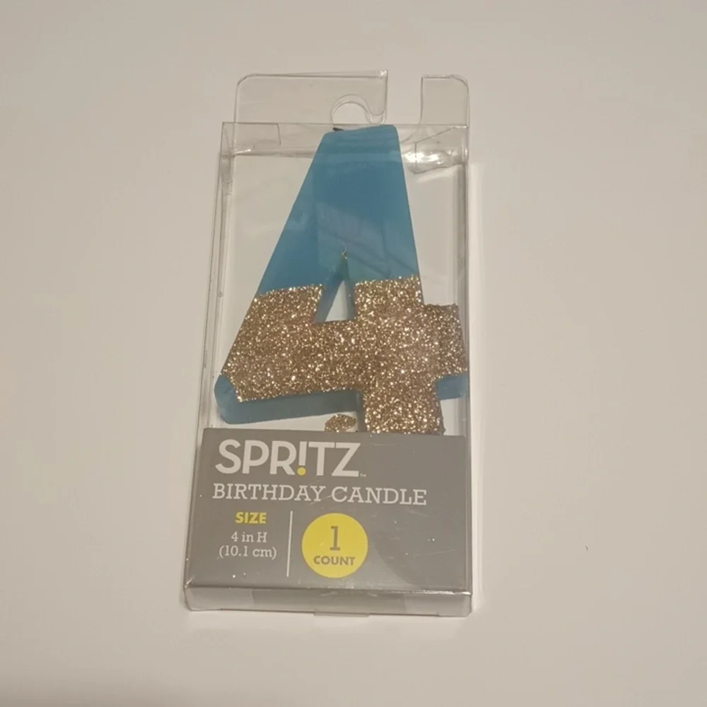 $1 Add-on 4 Spritz Birthday Candle Turquoise w Gold Glitter 4